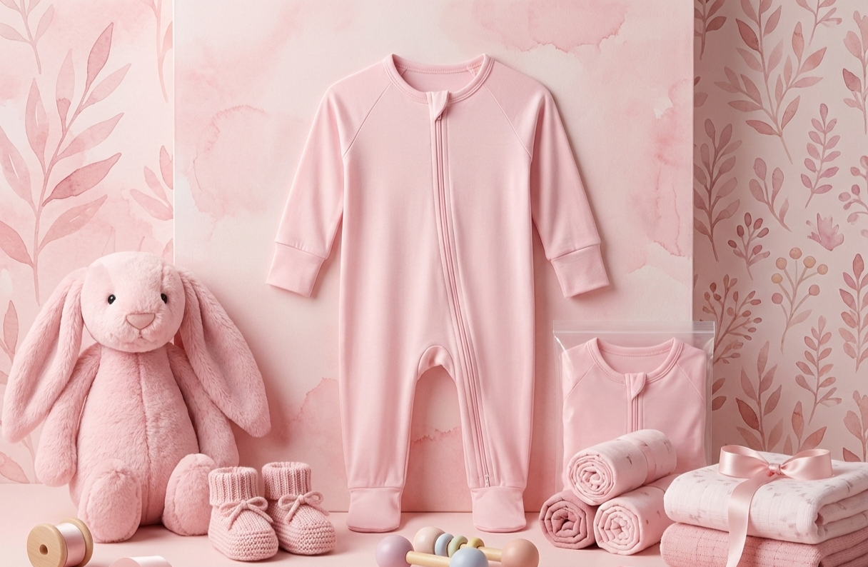 Organic bamboo baby romper displayed with soft toys and baby accessories in a gentle pink setting.