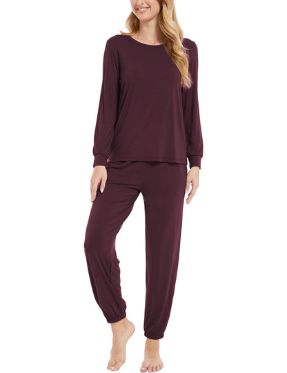 GYS Womens Pajamas Set - Viscose Made from Bamboo Long Sleeve Sleepwear Tops with Jogger Pants Lounge Pjs Sets Ficus Red X-Large
