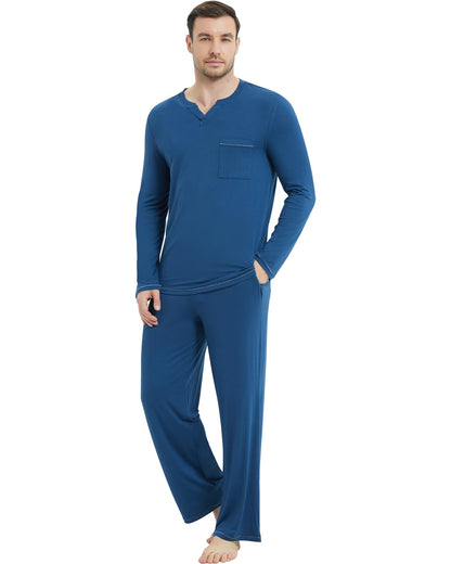 NACHILA Mens Pajamas-Viscose Made from Bamboo Long Sleeve Pajama Shirt Soft Pants Sleepwear Comfy Pjs Set with Pockets Dark Blue XL
