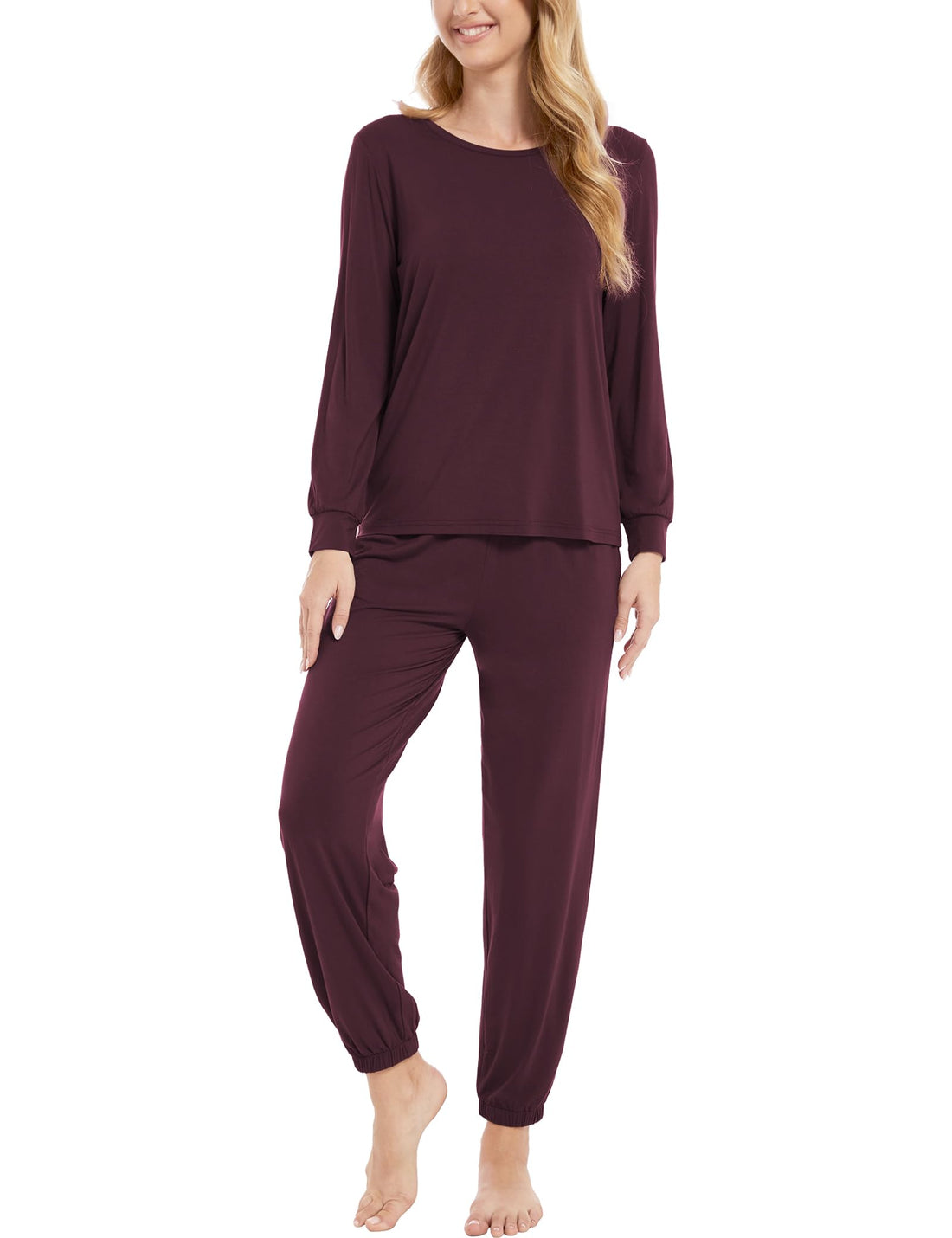 GYS Womens Pajamas Set - Viscose Made from Bamboo Long Sleeve Sleepwear Tops with Jogger Pants Lounge Pjs Sets Ficus Red X-Large