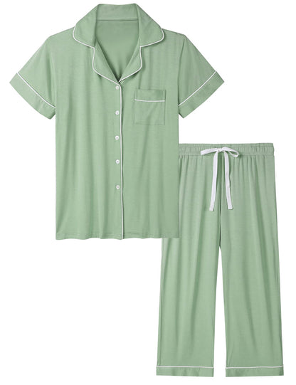 Joyaria Womens Bamboo Viscose Pajamas Set Jersey Knit Soft Pjs Capri Short Sleeve Sleepwear(Sage Green XL)