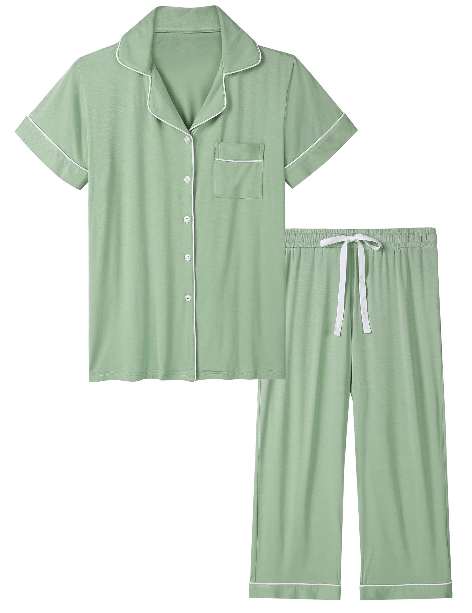 Joyaria Womens Bamboo Viscose Pajamas Set Jersey Knit Soft Pjs Capri Short Sleeve Sleepwear(Sage Green XL)