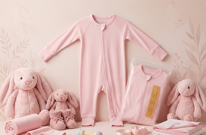Organic bamboo baby romper in pink, surrounded by soft toys and baby accessories, showcasing comfort and style.