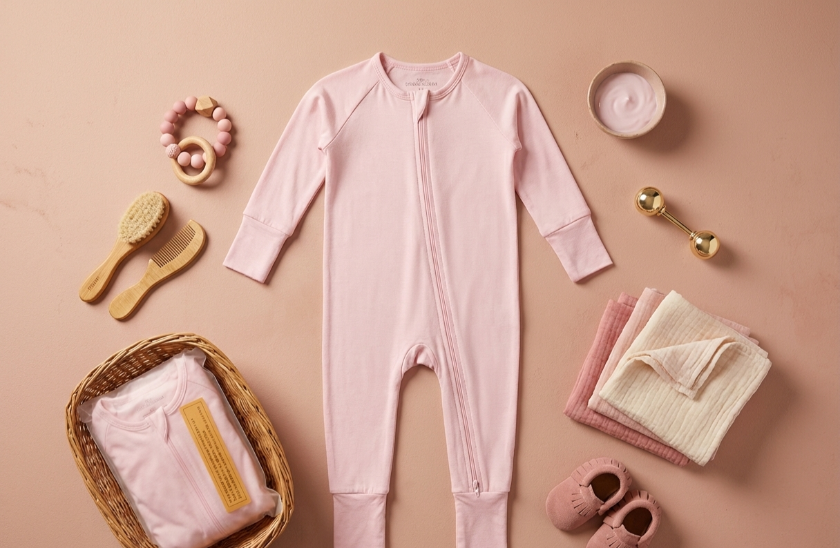 Organic bamboo baby romper in soft pink color, surrounded by baby accessories and cozy blankets.