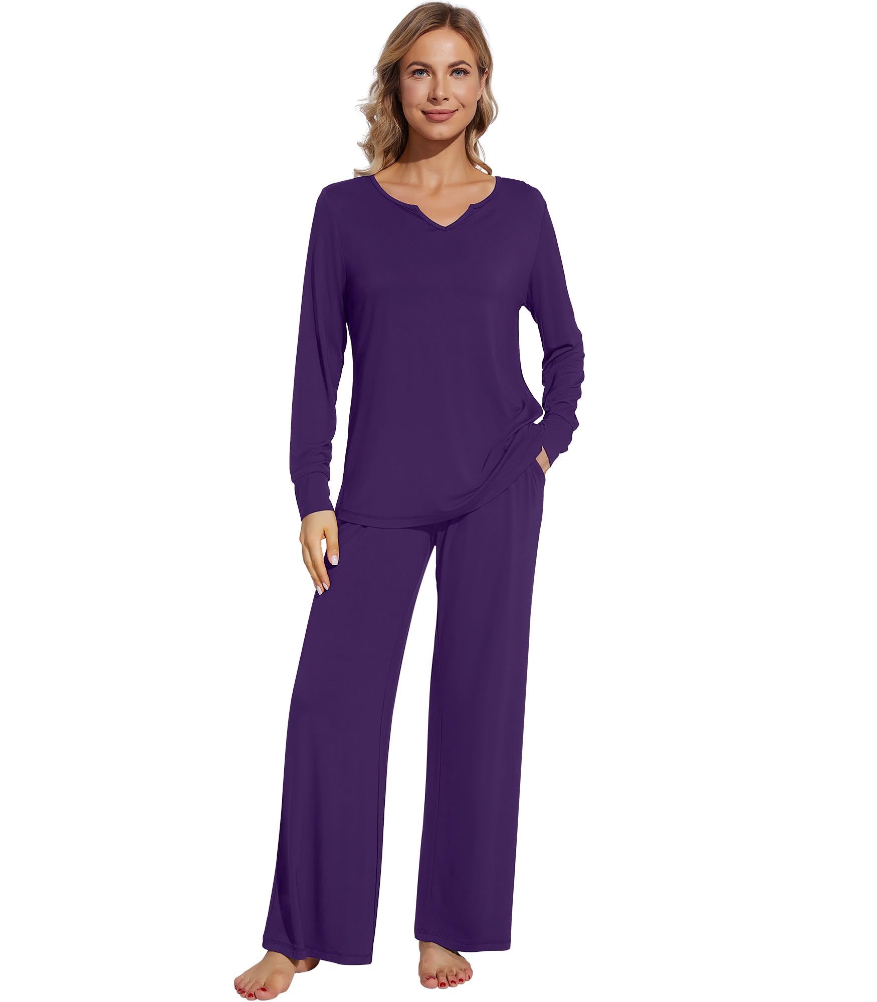 WiWi Womens Viscose from Bamboo Pajamas Set Long Sleeve Top and Pants with Soft Knit Sleepwear 2 Piece S-XXL Dark Purple Small